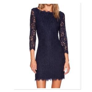 Diane von Furstenberg Zarita Mini Dress Lace Overlay 3/4 Sleeves Scalloped Hem
